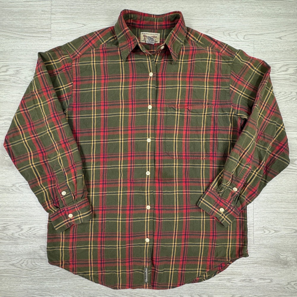Abercrombie & Fitch Men's Shirt Plaid Flannel Olive Green Red Medium Long Sleeve